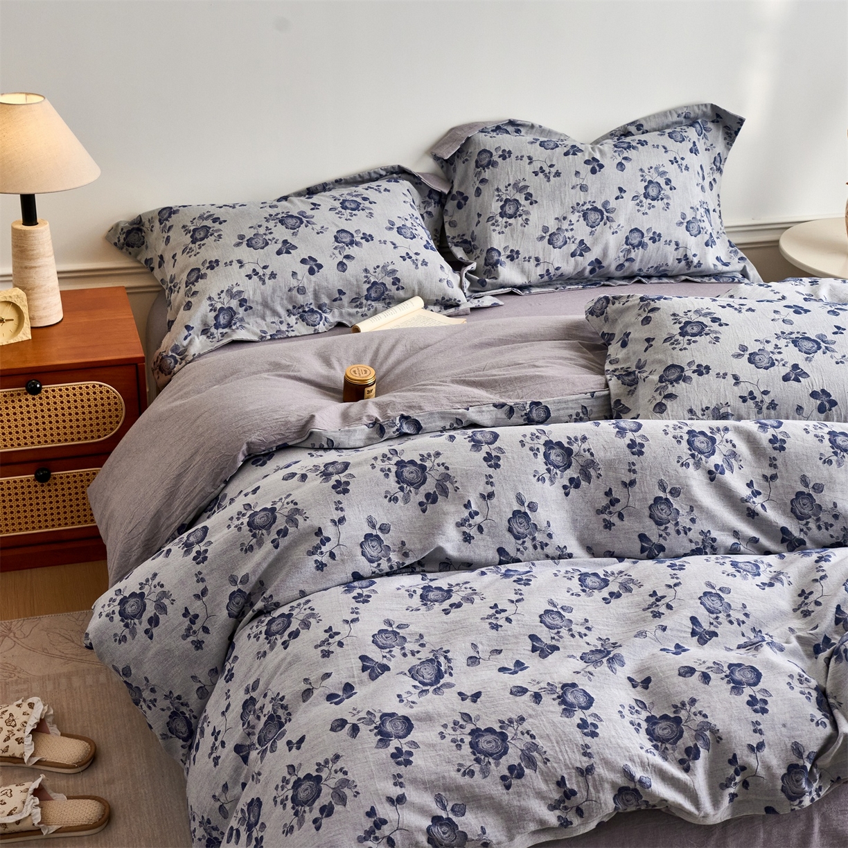 91家纺网 家纺一手货源 找家纺 兰紫橙家纺 2026春夏新款全棉纯棉色织提花四件套 玫瑰之恋-浅灰