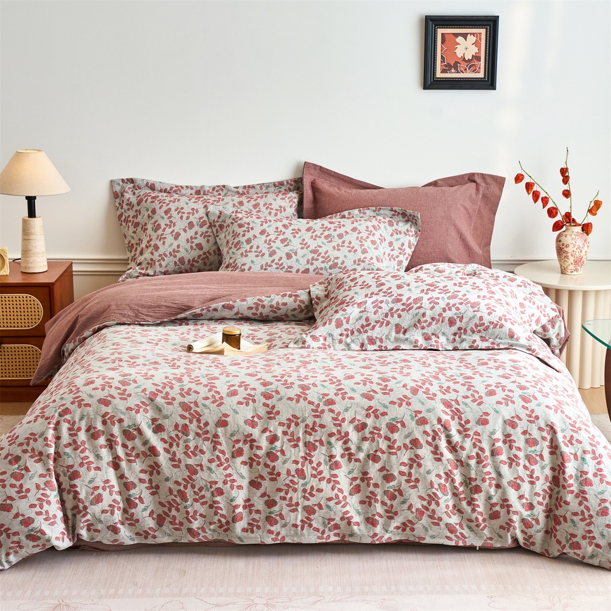 91家纺网 家纺一手货源 找家纺 兰紫橙家纺 2026春夏新款全棉纯棉色织提花四件套 秋海棠-暗红