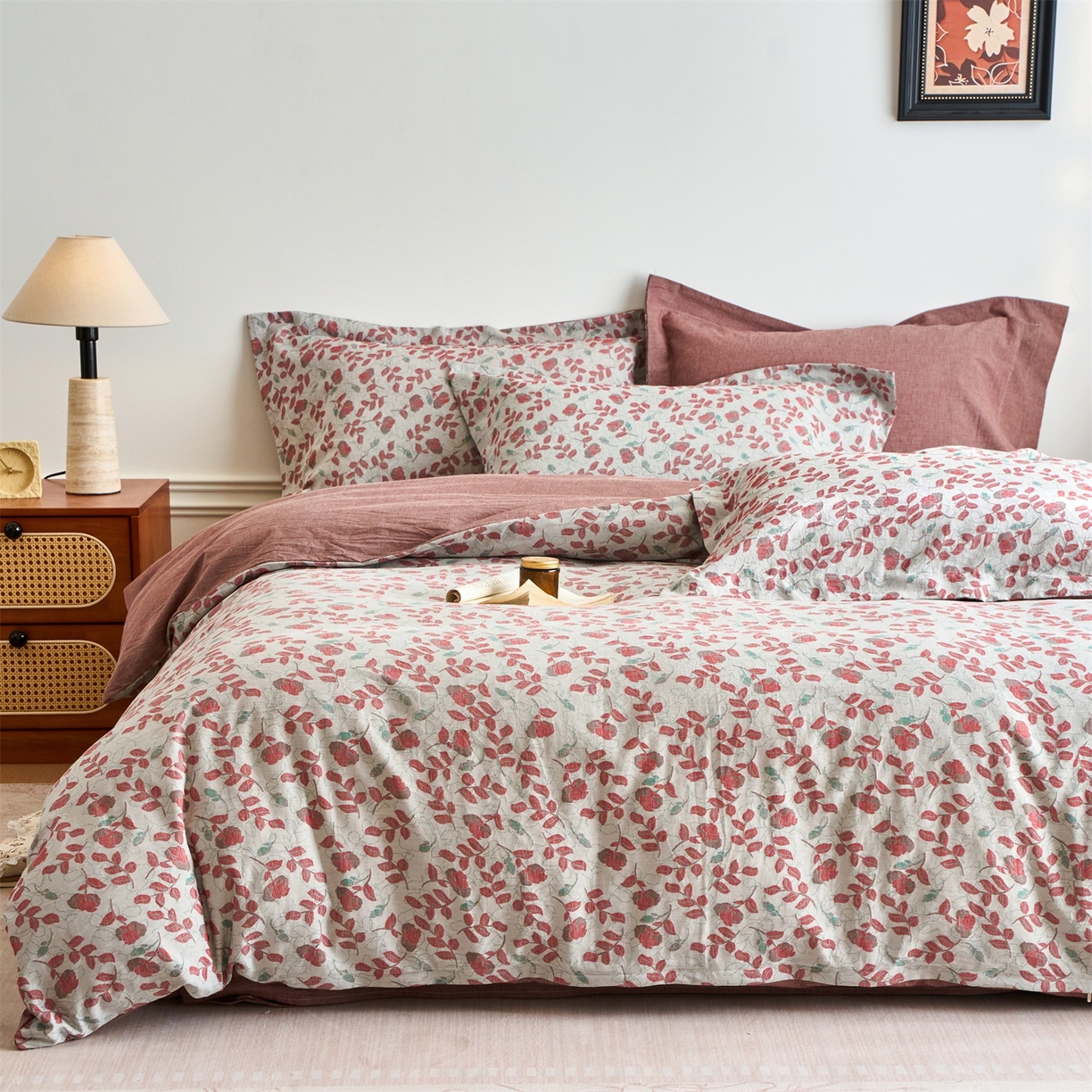 91家纺网 家纺一手货源 找家纺 兰紫橙家纺 2026春夏新款全棉纯棉色织提花四件套 秋海棠-暗红