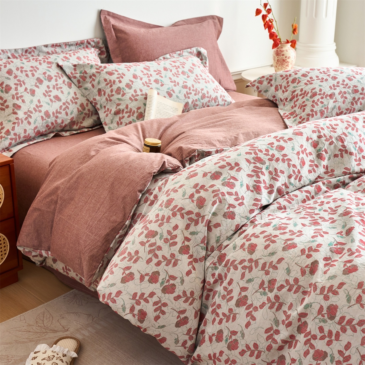 91家纺网 家纺一手货源 找家纺 兰紫橙家纺 2026春夏新款全棉纯棉色织提花四件套 秋海棠-暗红