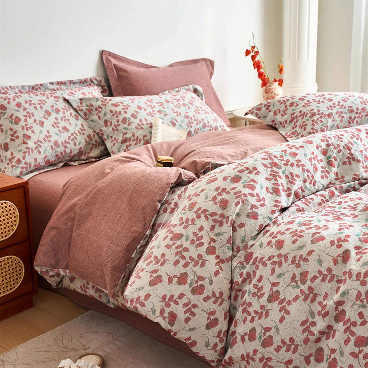 91家纺网 家纺一手货源 找家纺 兰紫橙家纺 2026春夏新款全棉纯棉色织提花四件套 秋海棠-暗红