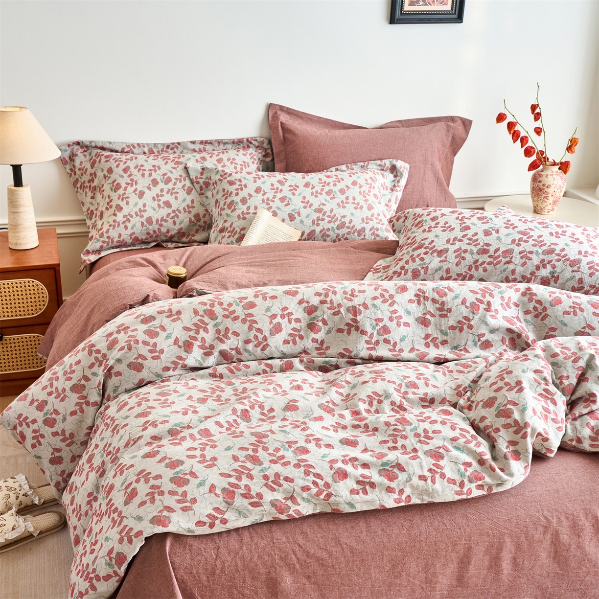 91家纺网 家纺一手货源 找家纺 兰紫橙家纺 2026春夏新款全棉纯棉色织提花四件套 秋海棠-暗红