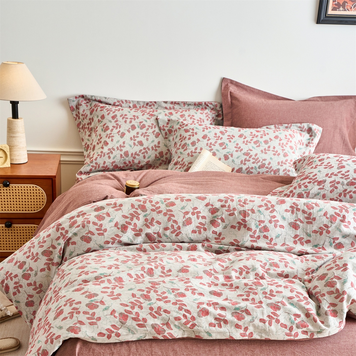 91家纺网 家纺一手货源 找家纺 兰紫橙家纺 2026春夏新款全棉纯棉色织提花四件套 秋海棠-暗红