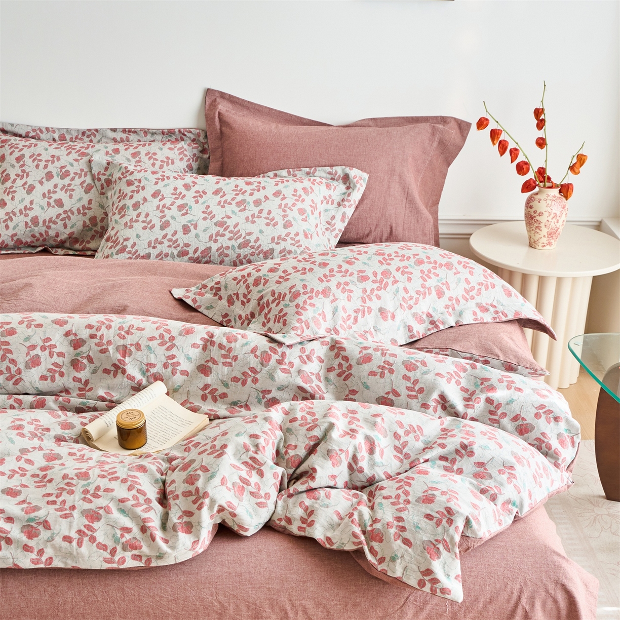 91家纺网 家纺一手货源 找家纺 兰紫橙家纺 2026春夏新款全棉纯棉色织提花四件套 秋海棠-暗红