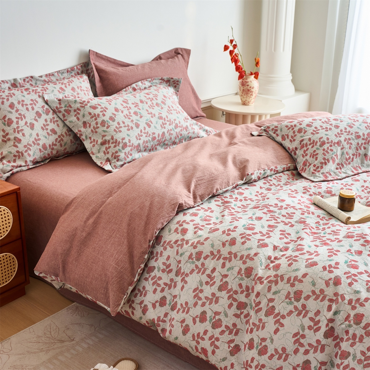 91家纺网 家纺一手货源 找家纺 兰紫橙家纺 2026春夏新款全棉纯棉色织提花四件套 秋海棠-暗红