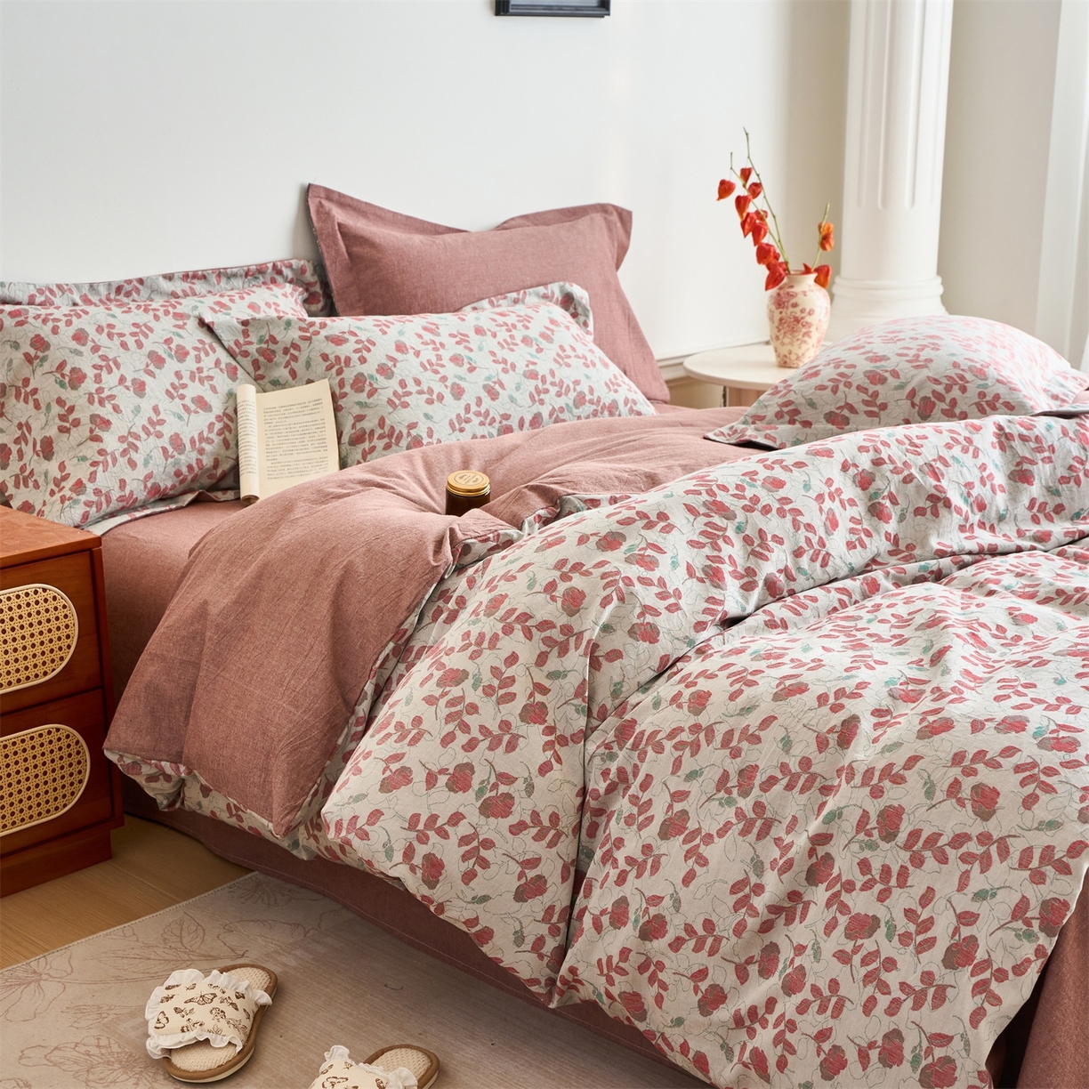 91家纺网 家纺一手货源 找家纺 兰紫橙家纺 2026春夏新款全棉纯棉色织提花四件套 秋海棠-暗红