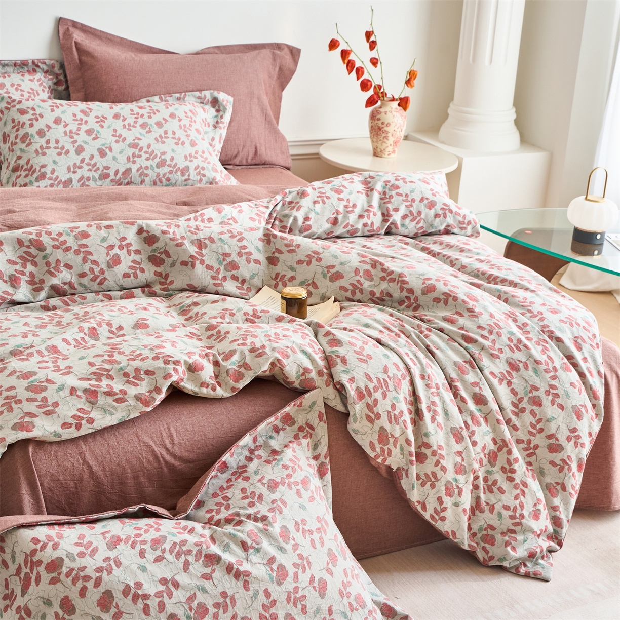 91家纺网 家纺一手货源 找家纺 兰紫橙家纺 2026春夏新款全棉纯棉色织提花四件套 秋海棠-暗红