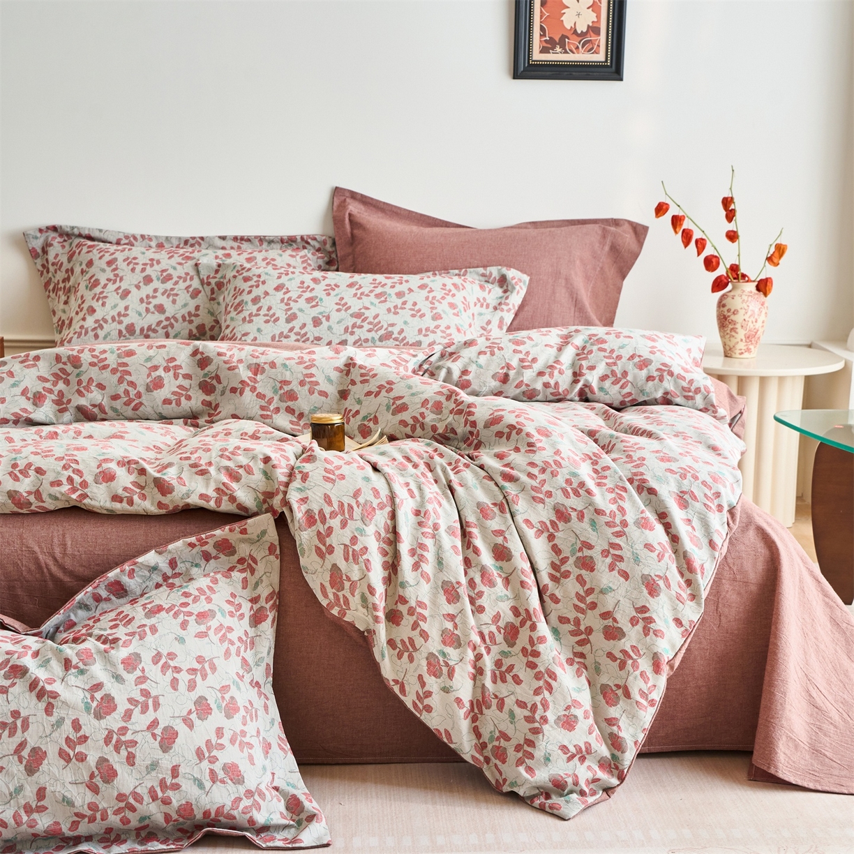 91家纺网 家纺一手货源 找家纺 兰紫橙家纺 2026春夏新款全棉纯棉色织提花四件套 秋海棠-暗红