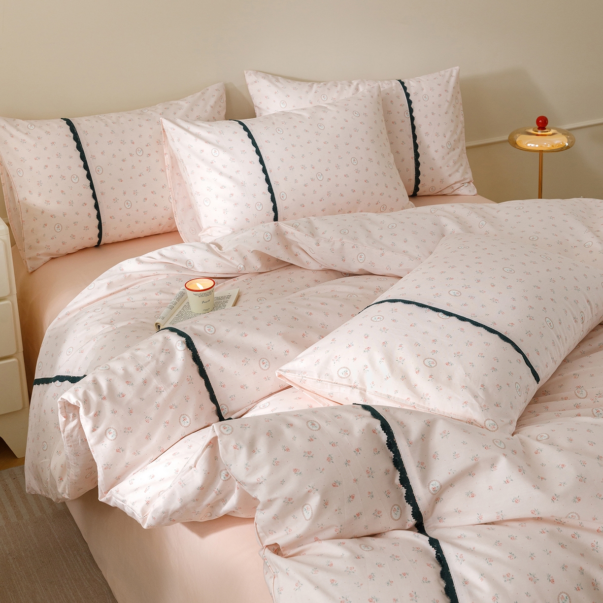 女子家纺 2026新款40支13070全棉纯棉斜纹印花蕾丝四件套 粉桃小花