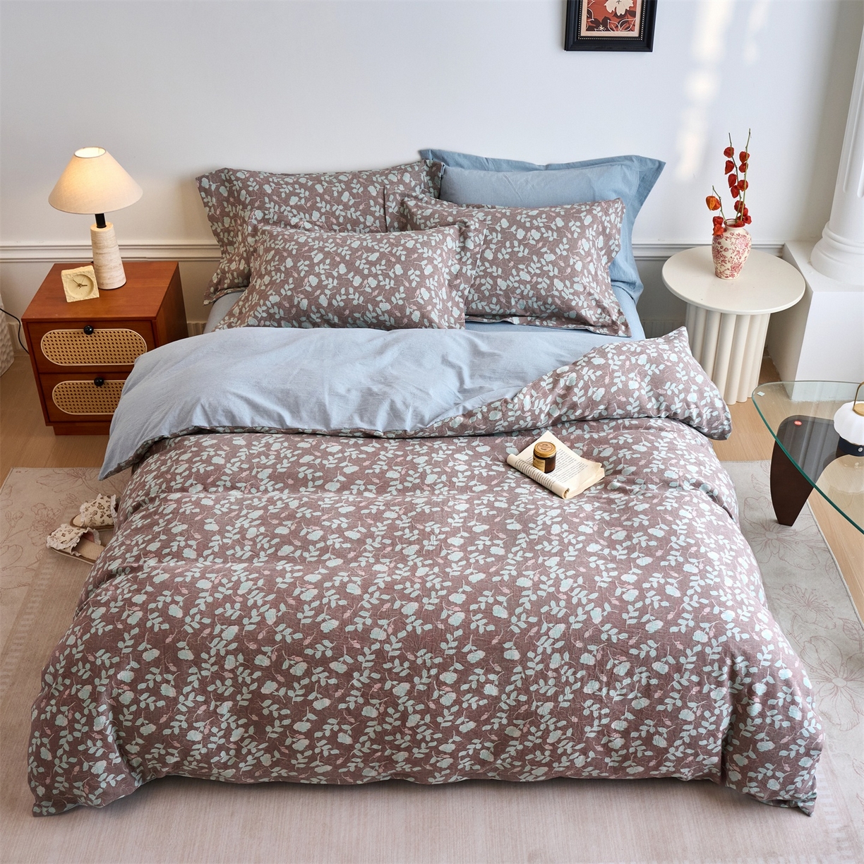 91家纺网 家纺一手货源 找家纺 兰紫橙家纺 2026春夏新款全棉纯棉色织提花四件套 未央-浅蓝