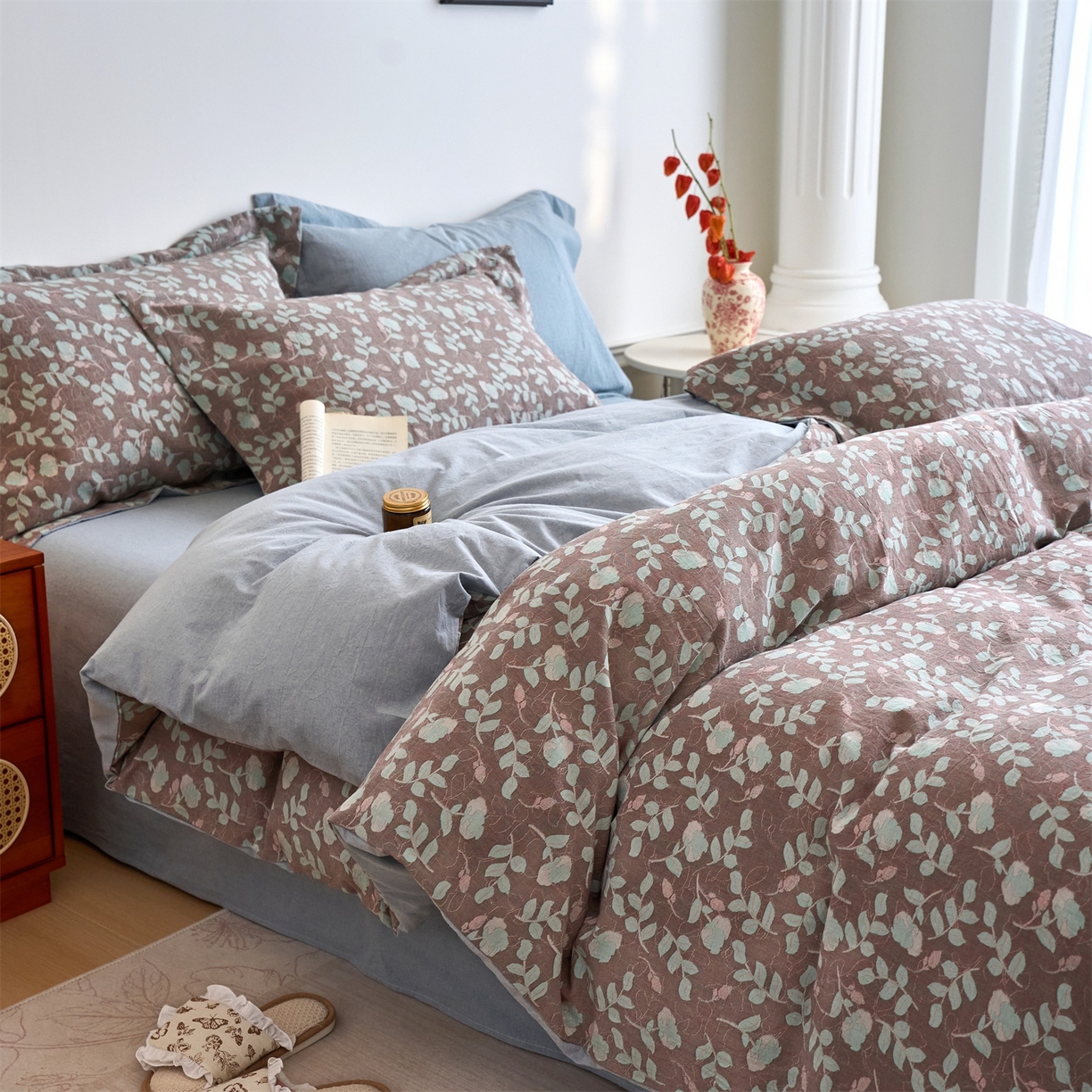 91家纺网 家纺一手货源 找家纺 兰紫橙家纺 2026春夏新款全棉纯棉色织提花四件套 未央-浅蓝