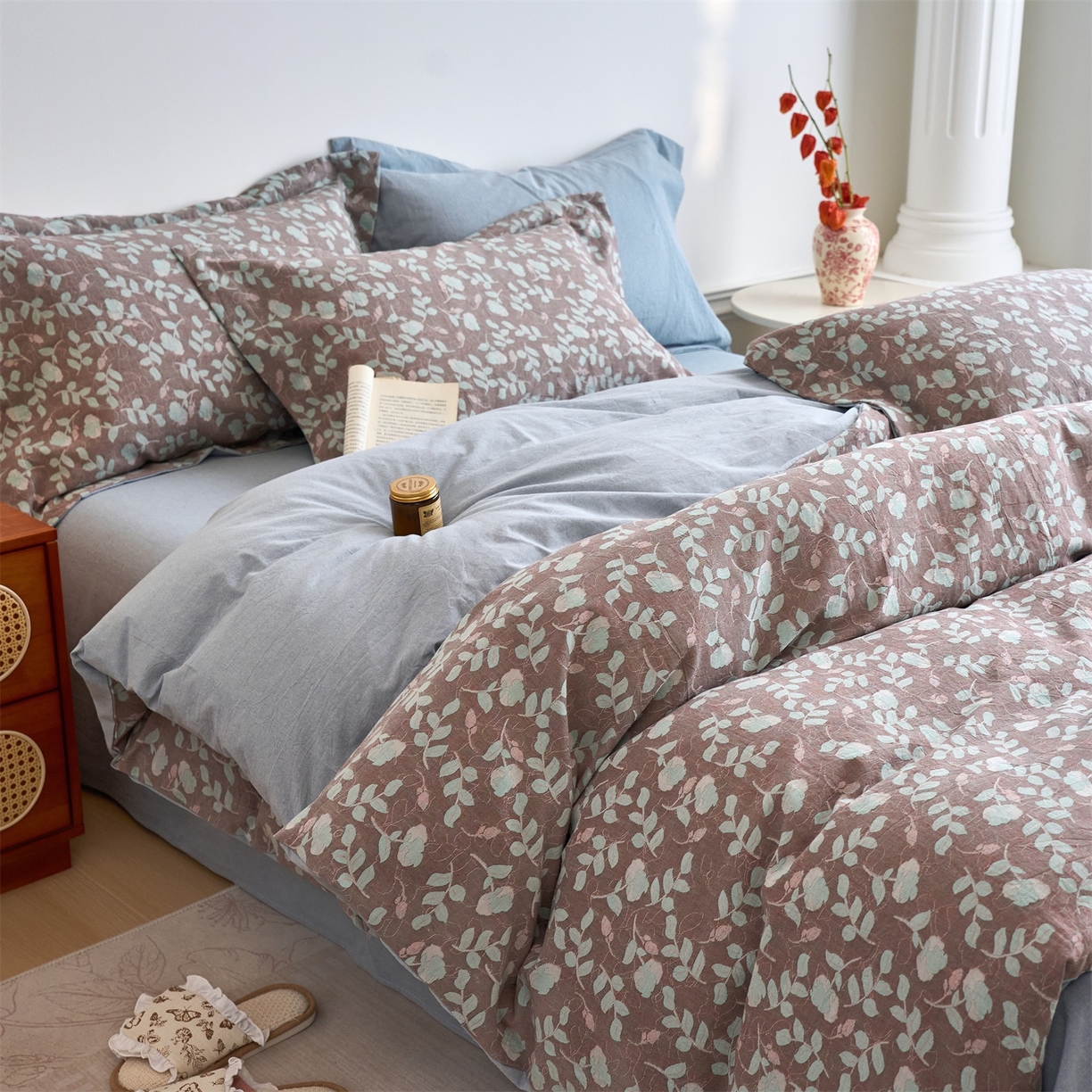 91家纺网 家纺一手货源 找家纺 兰紫橙家纺 2026春夏新款全棉纯棉色织提花四件套 未央-浅蓝