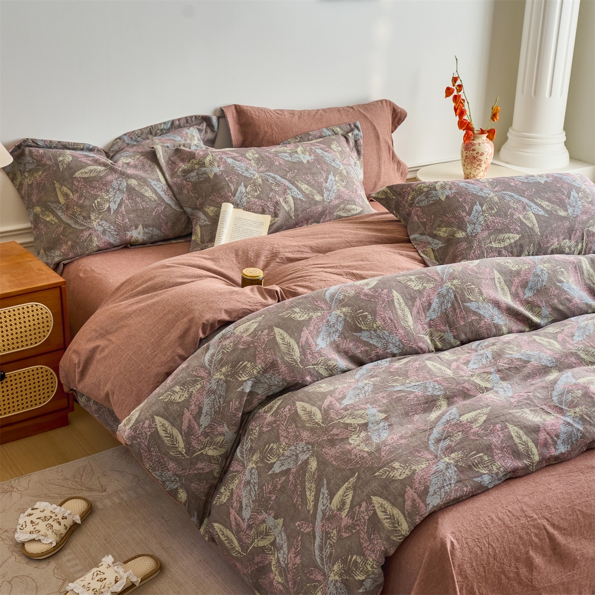 兰紫橙家纺 2026春夏新款全棉纯棉色织提花四件套 叶之舞-暗红