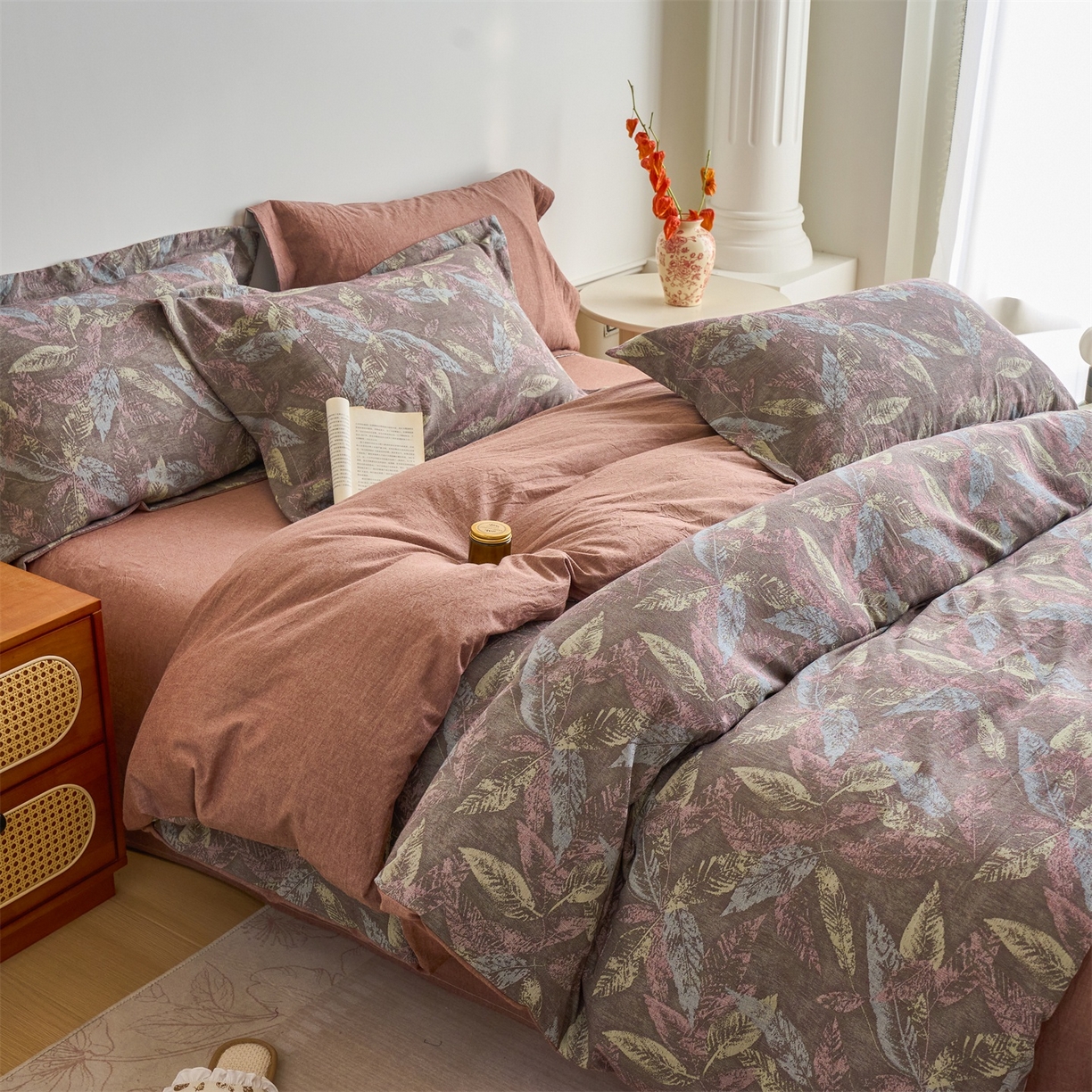 91家纺网 家纺一手货源 找家纺 兰紫橙家纺 2026春夏新款全棉纯棉色织提花四件套 叶之舞-暗红