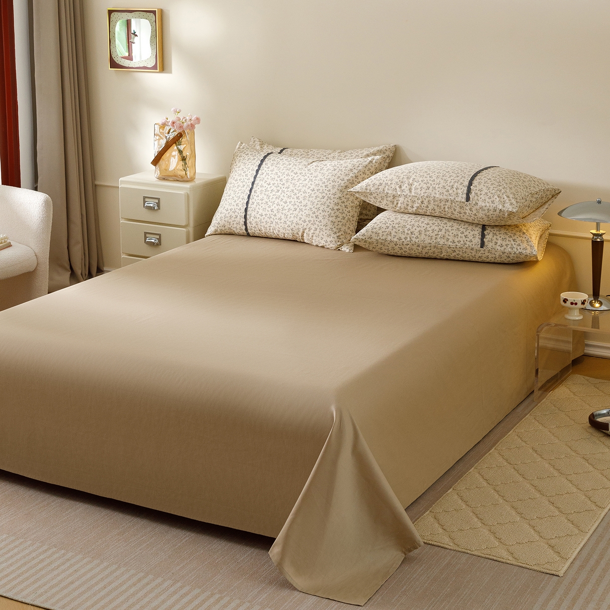 91家纺网 家纺一手货源 找家纺 女子家纺 2026新款40支13070全棉纯棉斜纹印花蕾丝四件套 初朵