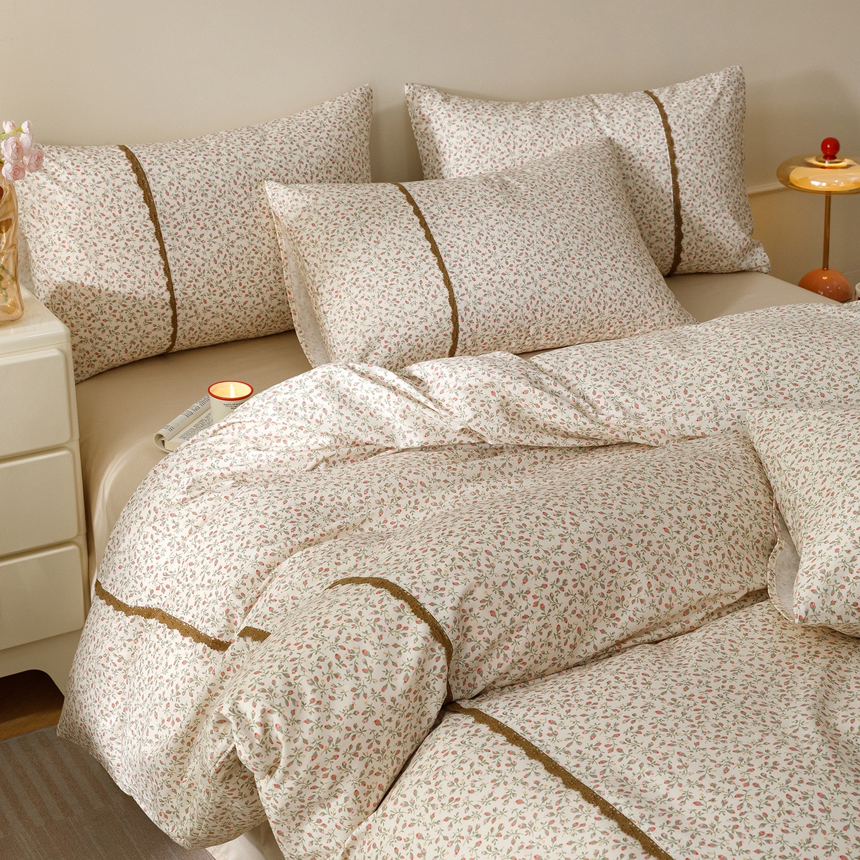 女子家纺 2026新款40支13070全棉纯棉斜纹印花蕾丝四件套 含苞蔷薇