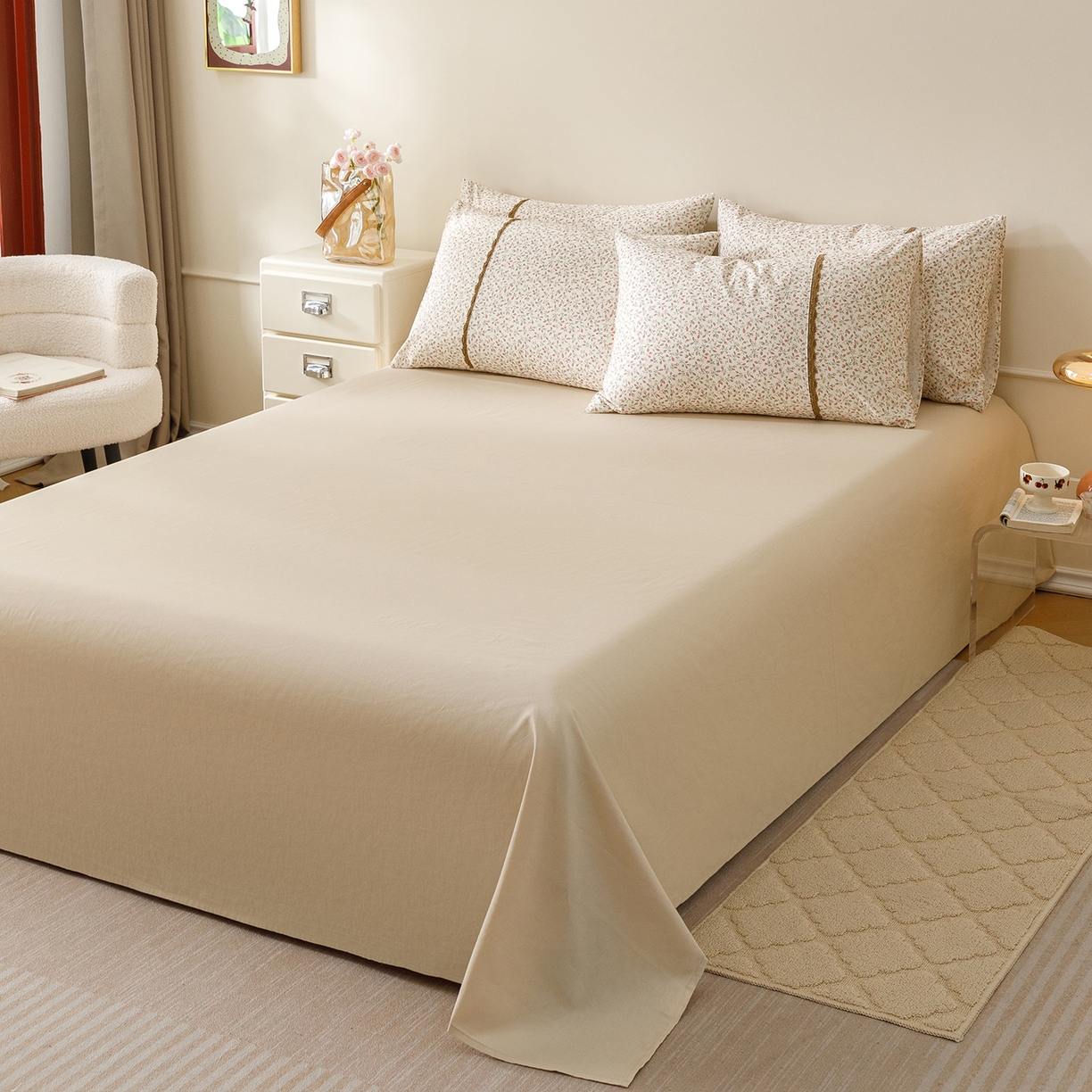 91家纺网 家纺一手货源 找家纺 女子家纺 2026新款40支13070全棉纯棉斜纹印花蕾丝四件套 含苞蔷薇