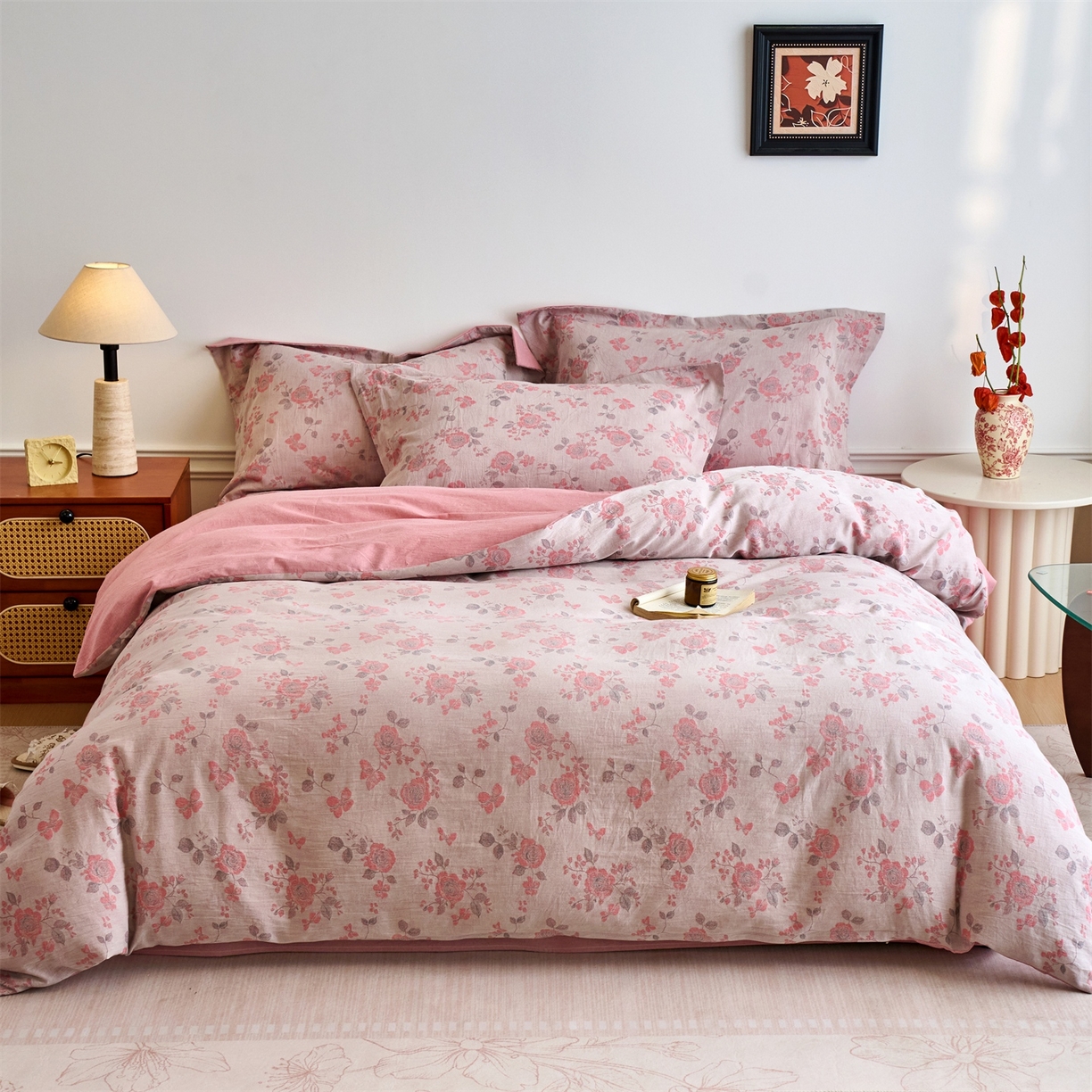 91家纺网 家纺一手货源 找家纺 兰紫橙家纺 2026春夏新款全棉纯棉色织提花四件套 依恋-豆沙