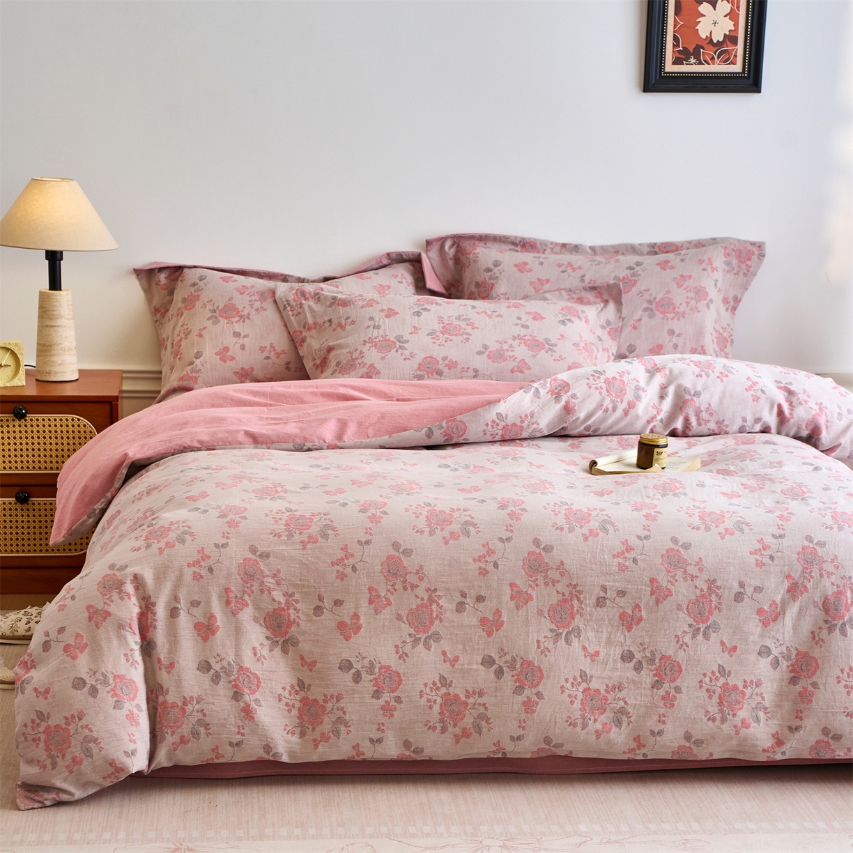 91家纺网 家纺一手货源 找家纺 兰紫橙家纺 2026春夏新款全棉纯棉色织提花四件套 依恋-豆沙