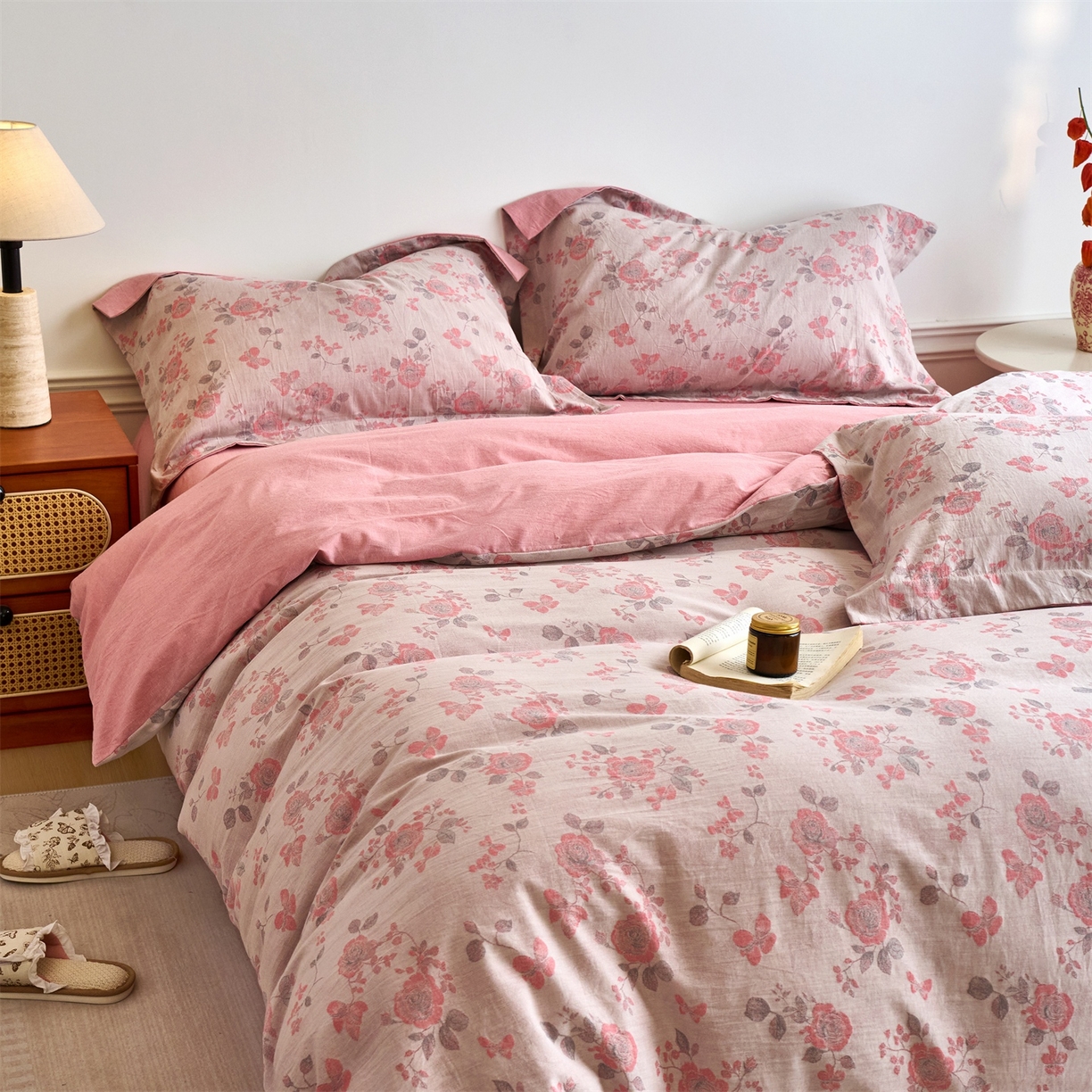 91家纺网 家纺一手货源 找家纺 兰紫橙家纺 2026春夏新款全棉纯棉色织提花四件套 依恋-豆沙