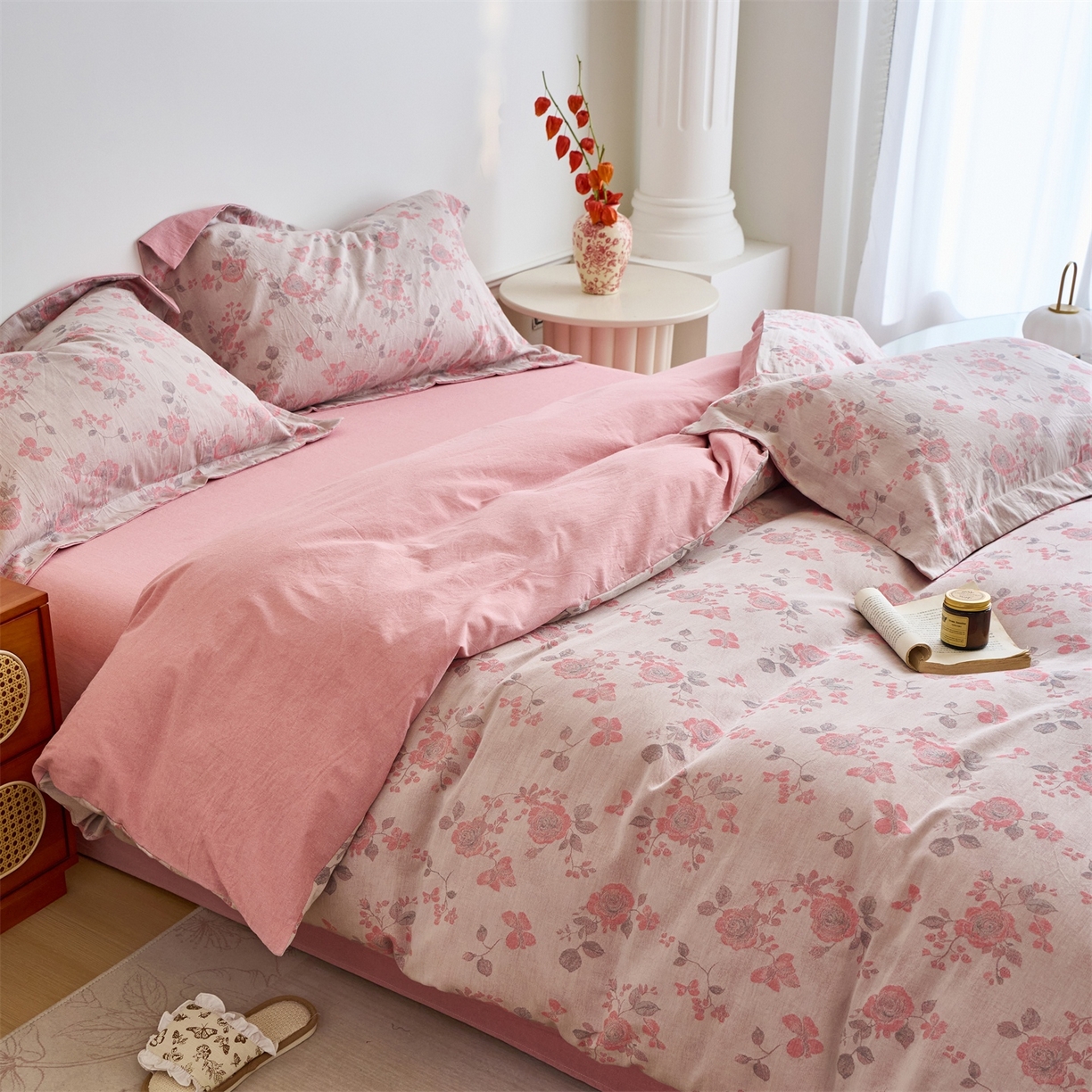 91家纺网 家纺一手货源 找家纺 兰紫橙家纺 2026春夏新款全棉纯棉色织提花四件套 依恋-豆沙