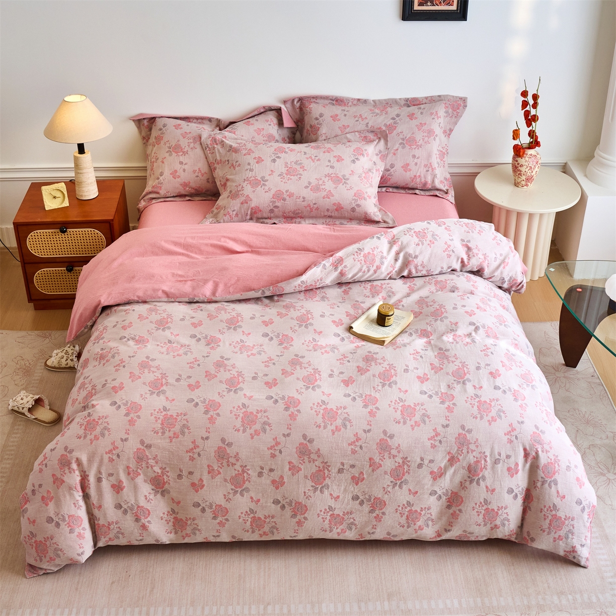 91家纺网 家纺一手货源 找家纺 兰紫橙家纺 2026春夏新款全棉纯棉色织提花四件套 依恋-豆沙