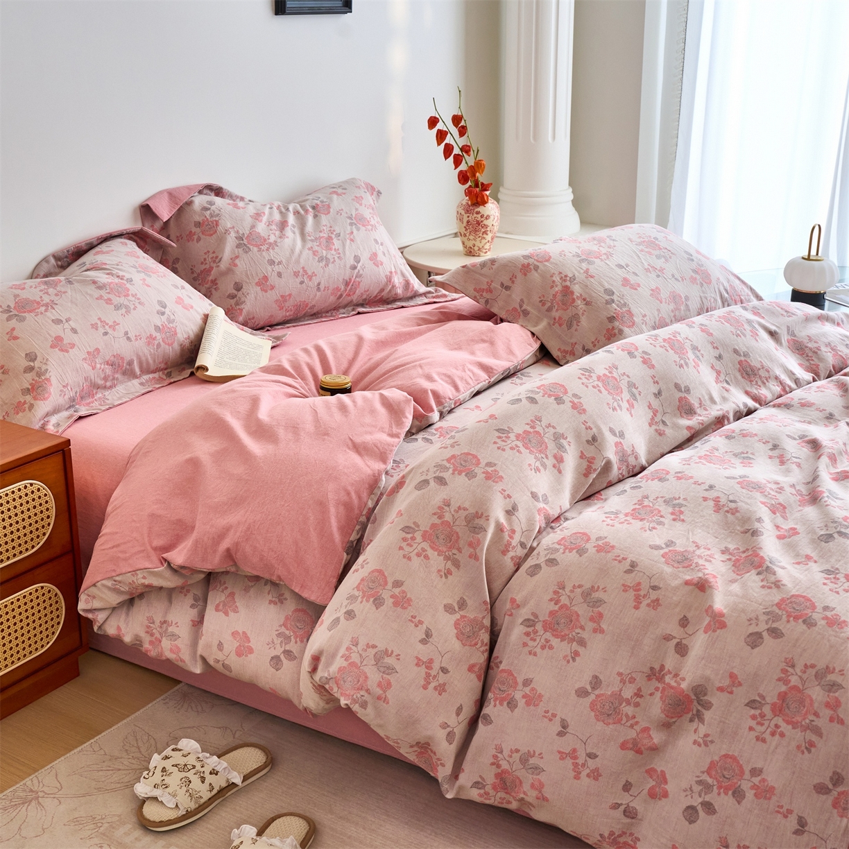 91家纺网 家纺一手货源 找家纺 兰紫橙家纺 2026春夏新款全棉纯棉色织提花四件套 依恋-豆沙