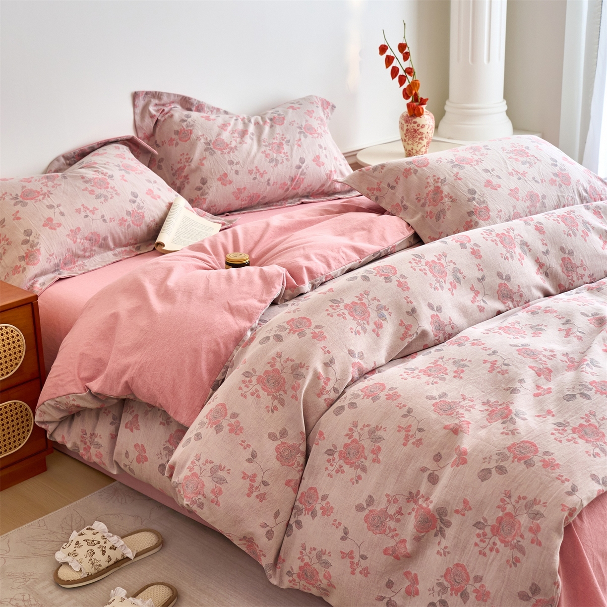 91家纺网 家纺一手货源 找家纺 兰紫橙家纺 2026春夏新款全棉纯棉色织提花四件套 依恋-豆沙