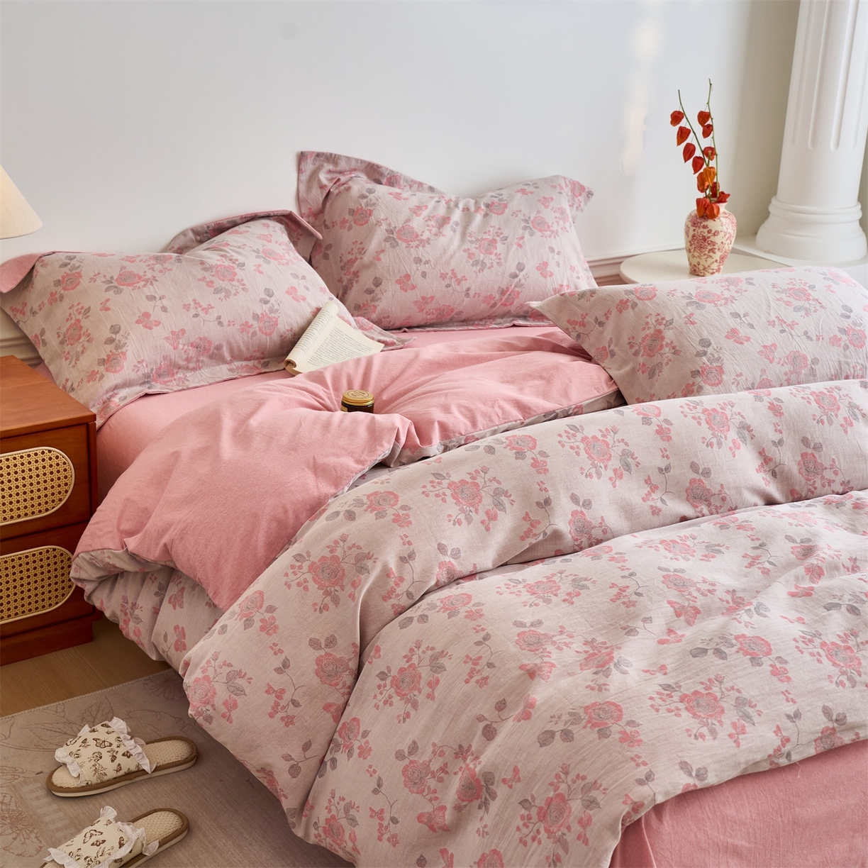 91家纺网 家纺一手货源 找家纺 兰紫橙家纺 2026春夏新款全棉纯棉色织提花四件套 依恋-豆沙