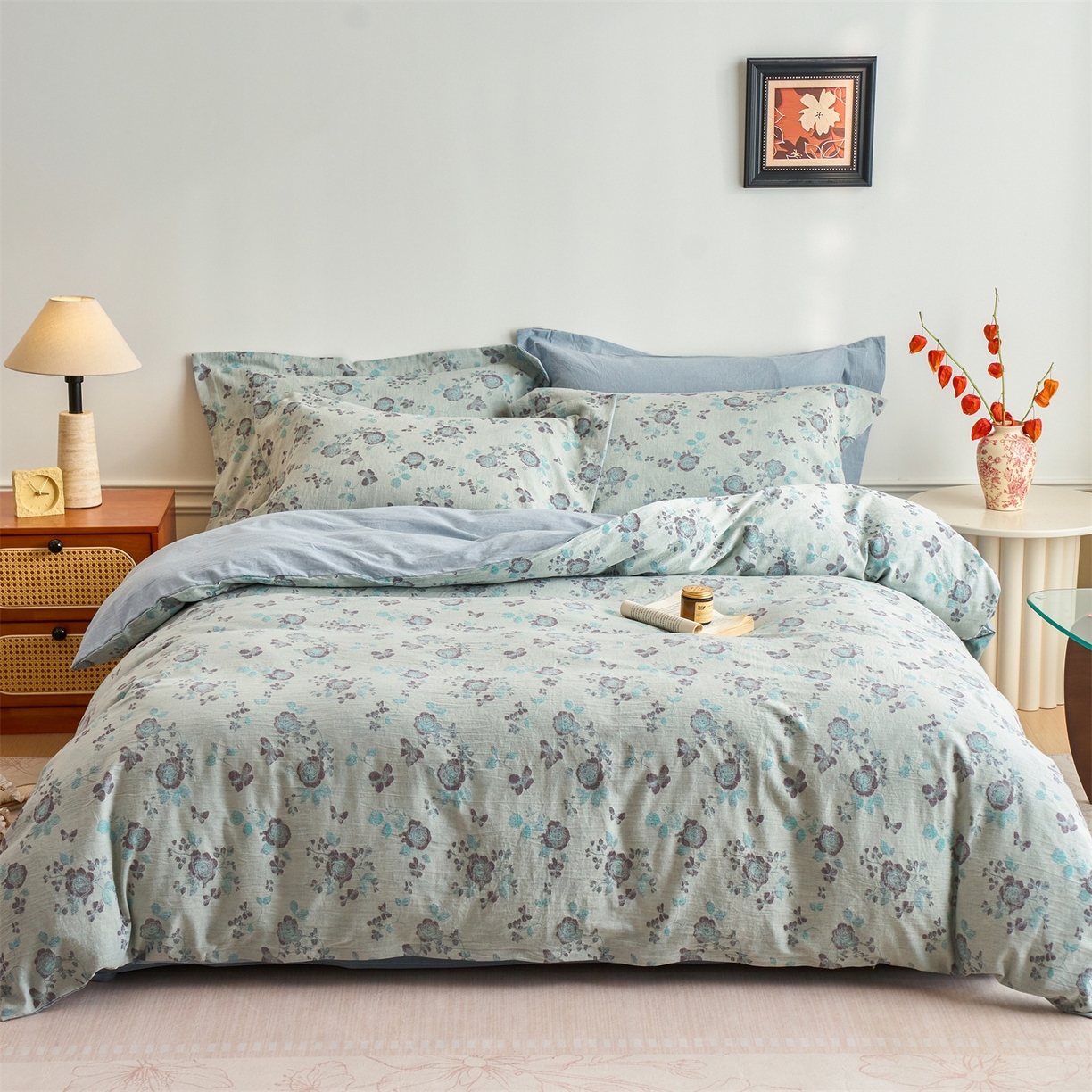 91家纺网 家纺一手货源 找家纺 兰紫橙家纺 2026春夏新款全棉纯棉色织提花四件套 语嫣-浅蓝