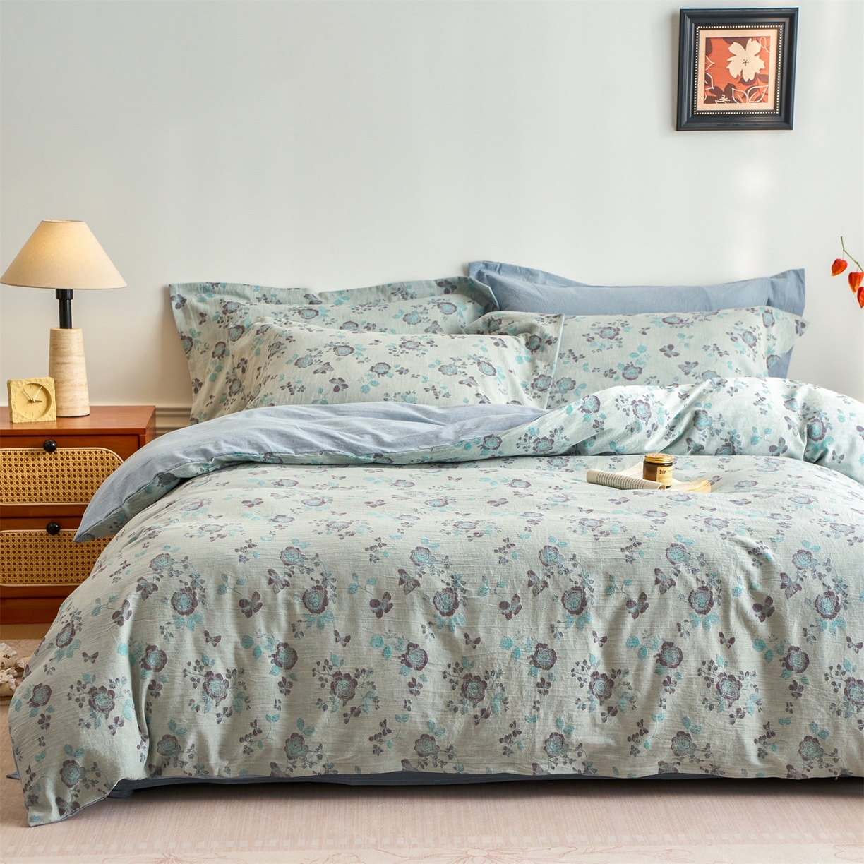 91家纺网 家纺一手货源 找家纺 兰紫橙家纺 2026春夏新款全棉纯棉色织提花四件套 语嫣-浅蓝