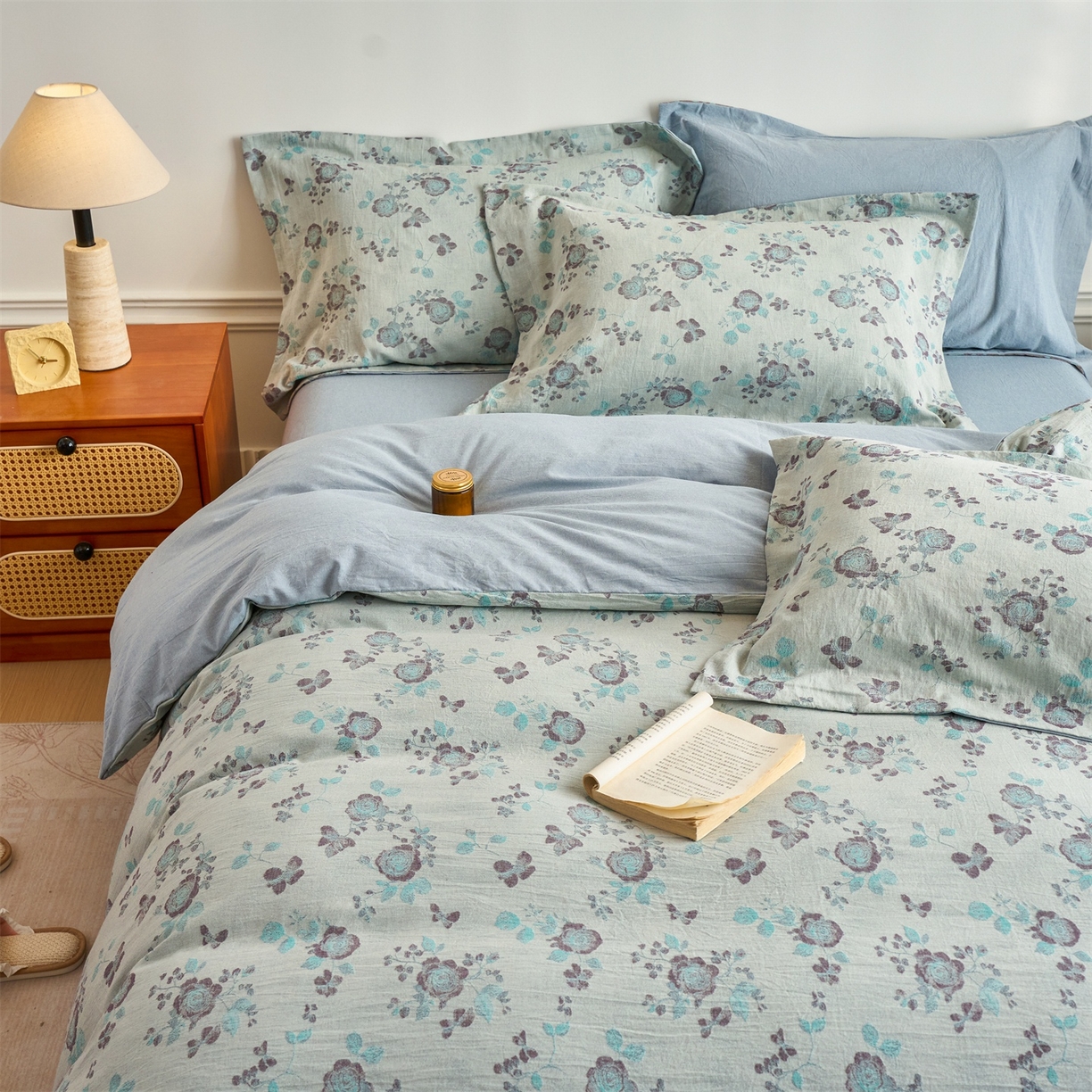 91家纺网 家纺一手货源 找家纺 兰紫橙家纺 2026春夏新款全棉纯棉色织提花四件套 语嫣-浅蓝