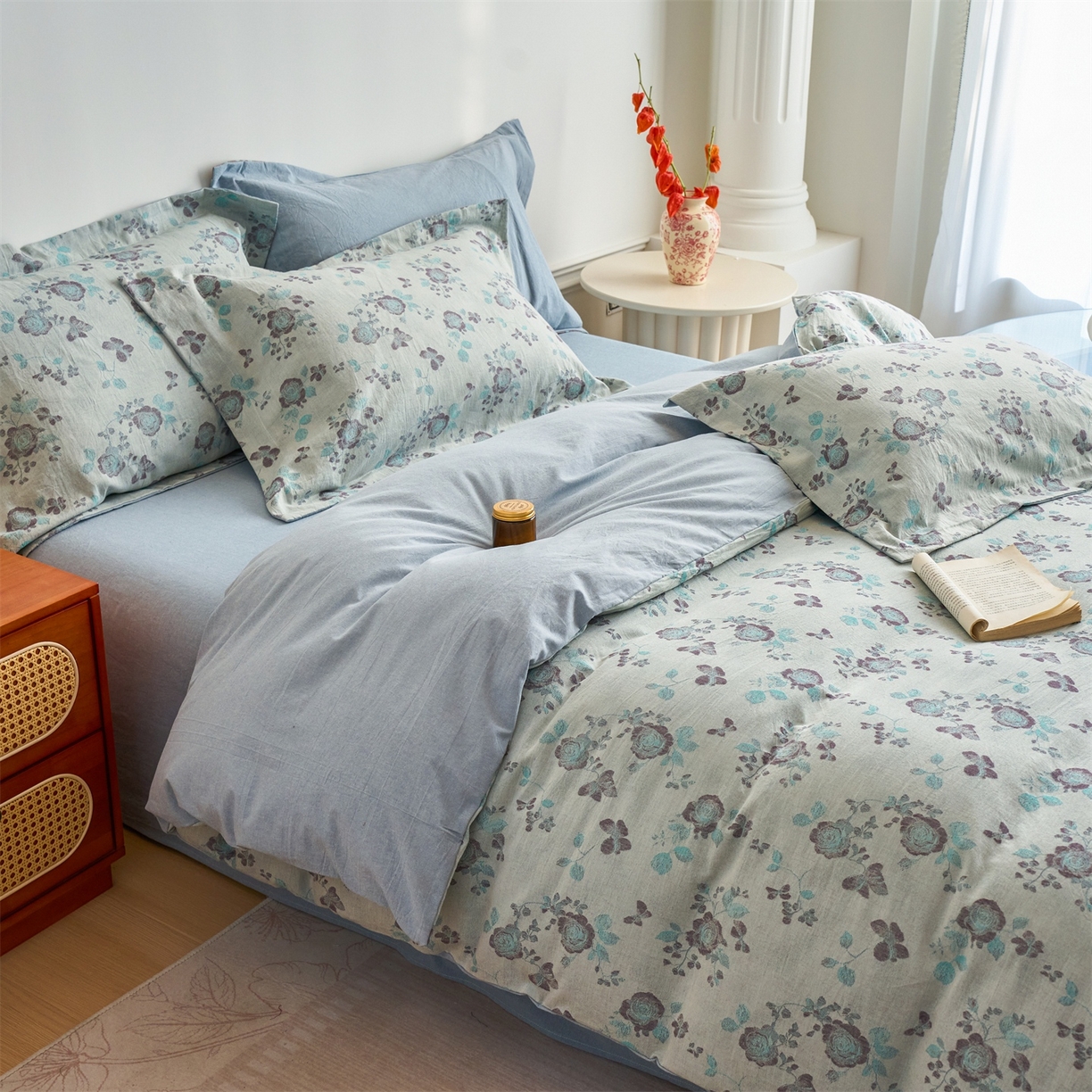 91家纺网 家纺一手货源 找家纺 兰紫橙家纺 2026春夏新款全棉纯棉色织提花四件套 语嫣-浅蓝