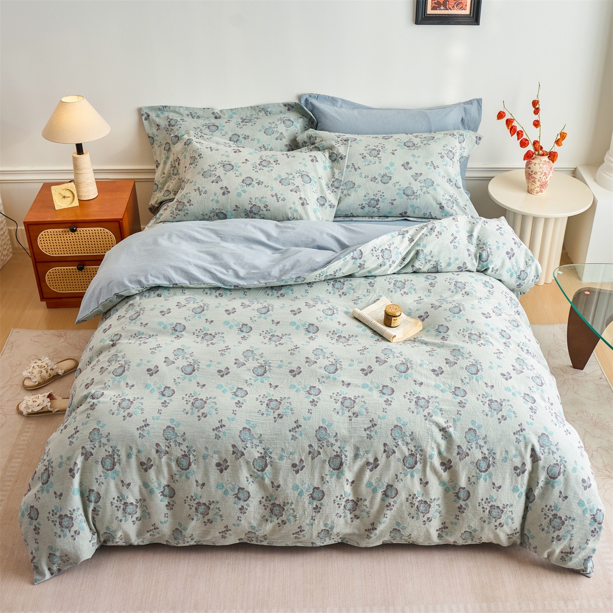 91家纺网 家纺一手货源 找家纺 兰紫橙家纺 2026春夏新款全棉纯棉色织提花四件套 语嫣-浅蓝