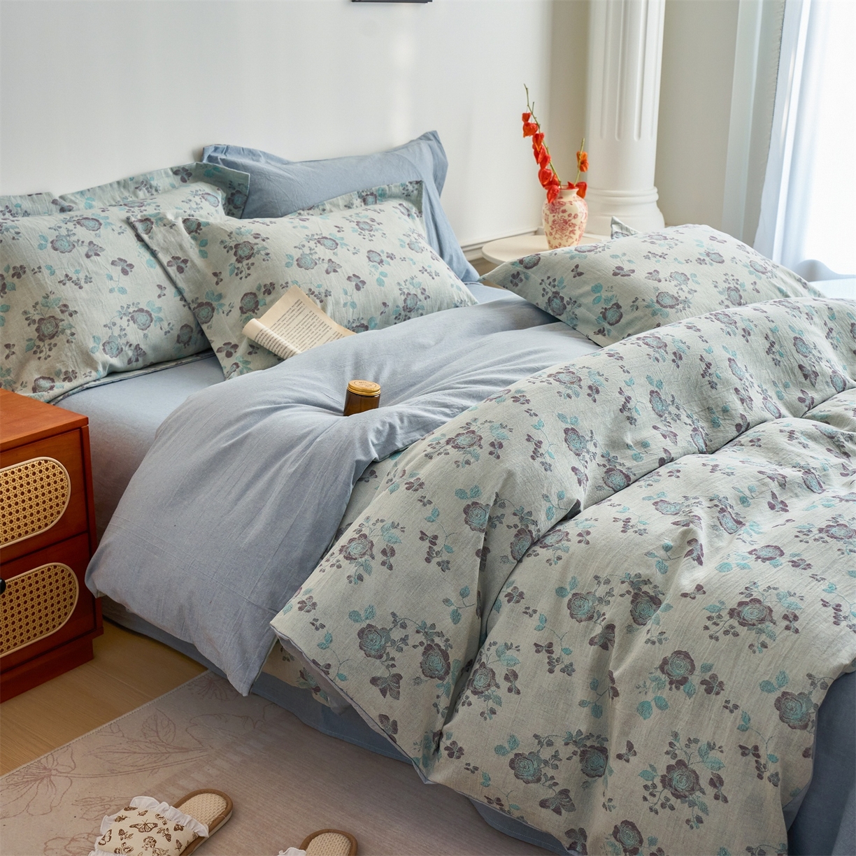 91家纺网 家纺一手货源 找家纺 兰紫橙家纺 2026春夏新款全棉纯棉色织提花四件套 语嫣-浅蓝