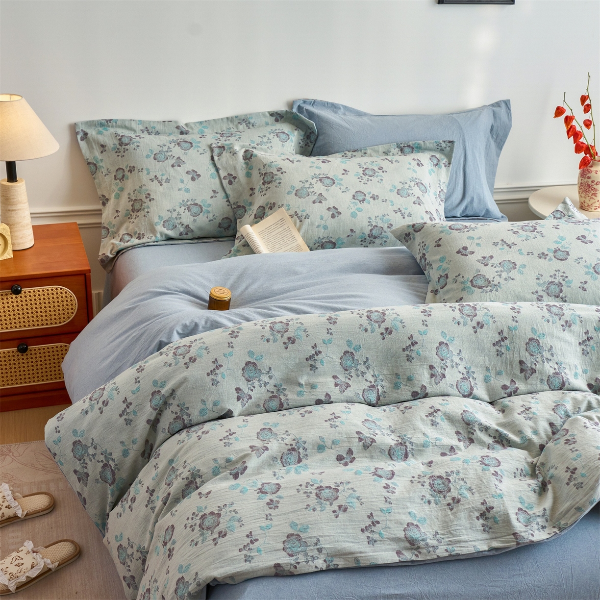 91家纺网 家纺一手货源 找家纺 兰紫橙家纺 2026春夏新款全棉纯棉色织提花四件套 语嫣-浅蓝