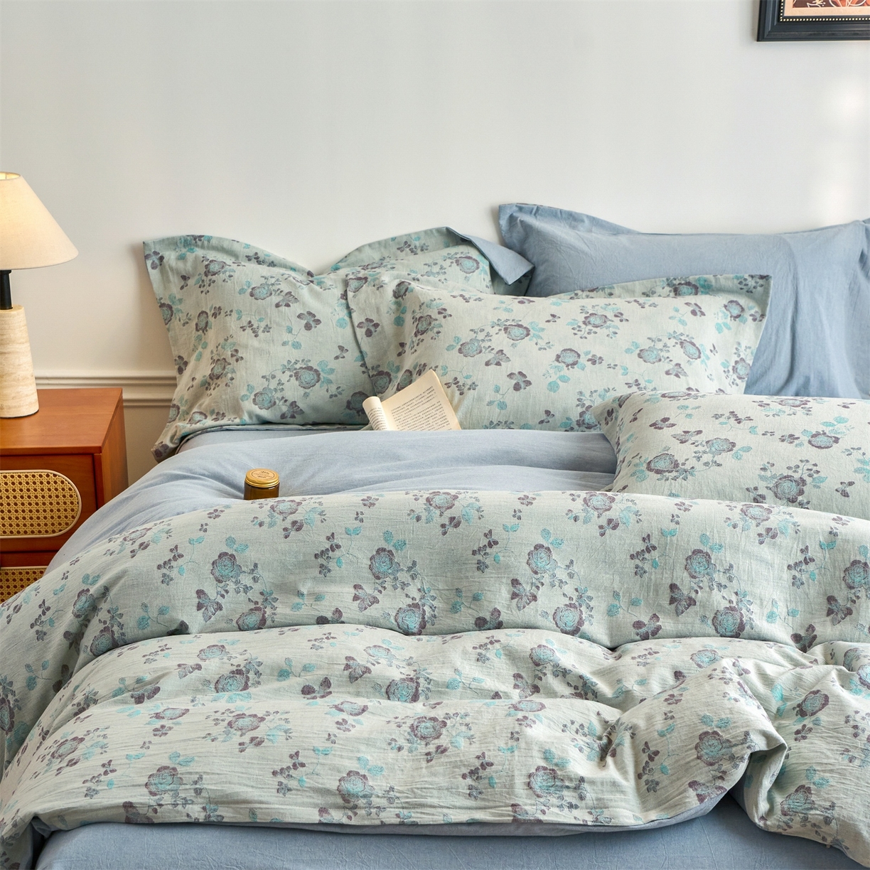 91家纺网 家纺一手货源 找家纺 兰紫橙家纺 2026春夏新款全棉纯棉色织提花四件套 语嫣-浅蓝