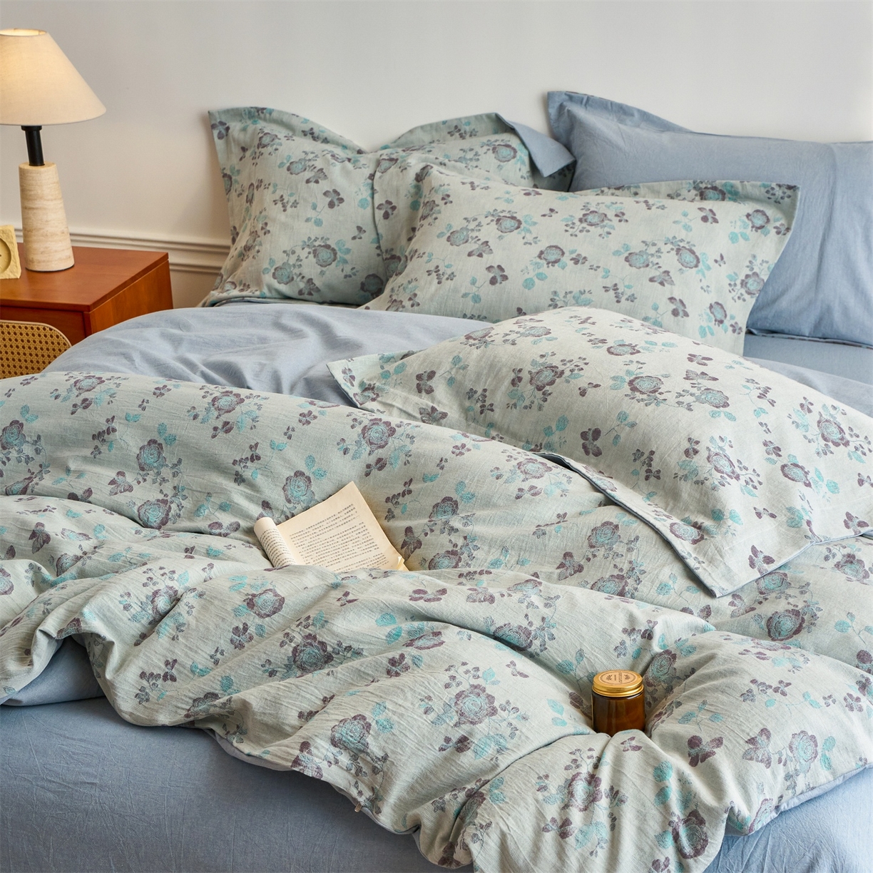 91家纺网 家纺一手货源 找家纺 兰紫橙家纺 2026春夏新款全棉纯棉色织提花四件套 语嫣-浅蓝