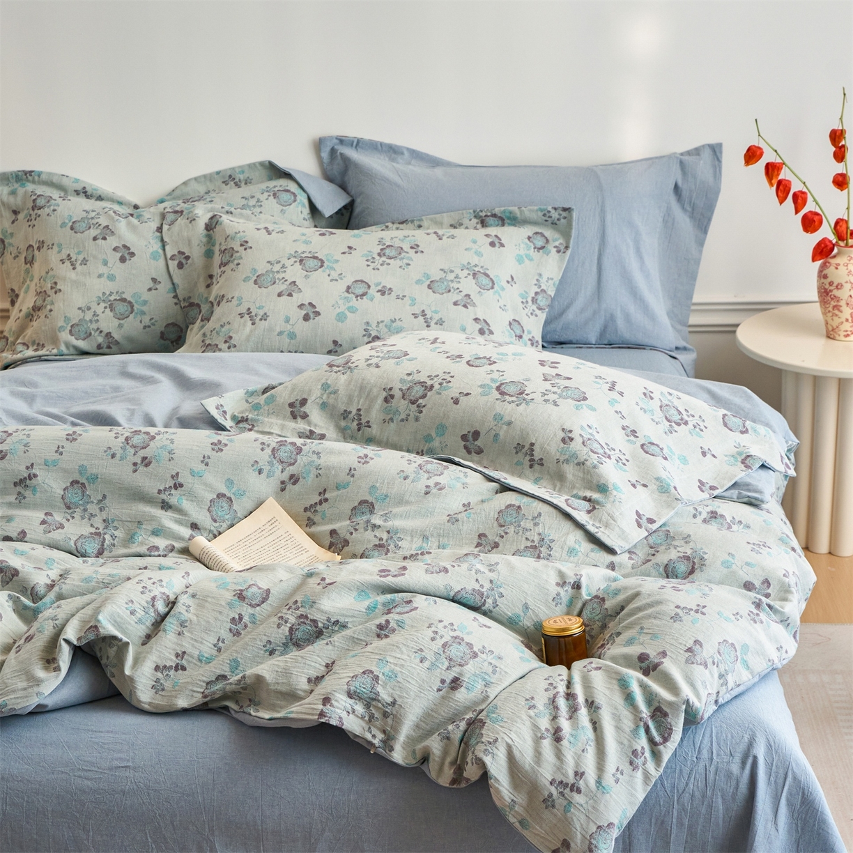 91家纺网 家纺一手货源 找家纺 兰紫橙家纺 2026春夏新款全棉纯棉色织提花四件套 语嫣-浅蓝