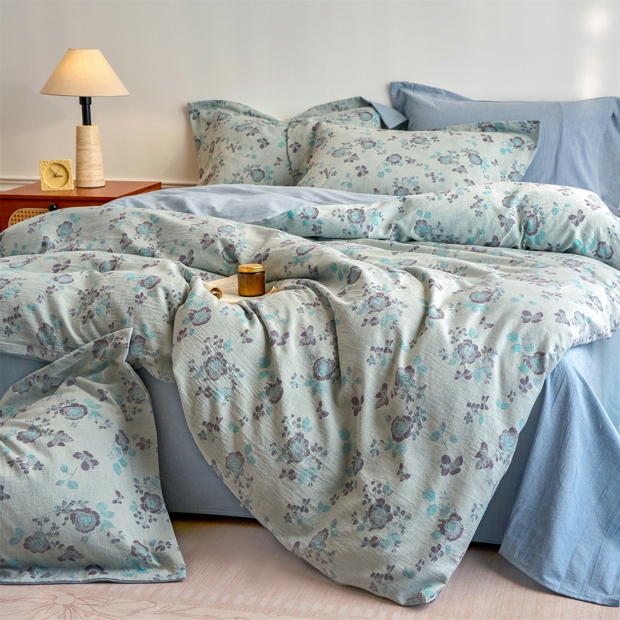 91家纺网 家纺一手货源 找家纺 兰紫橙家纺 2026春夏新款全棉纯棉色织提花四件套 语嫣-浅蓝