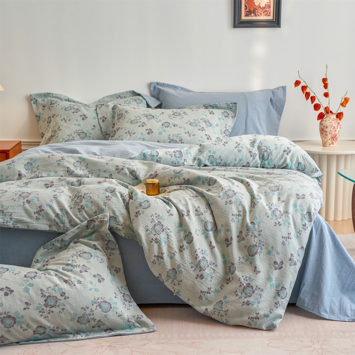 91家纺网 家纺一手货源 找家纺 兰紫橙家纺 2026春夏新款全棉纯棉色织提花四件套 语嫣-浅蓝