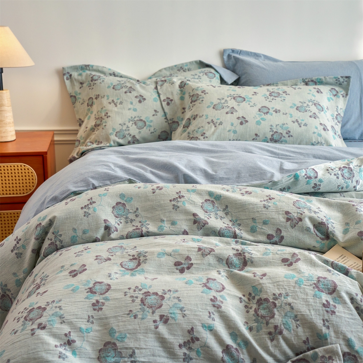 91家纺网 家纺一手货源 找家纺 兰紫橙家纺 2026春夏新款全棉纯棉色织提花四件套 语嫣-浅蓝