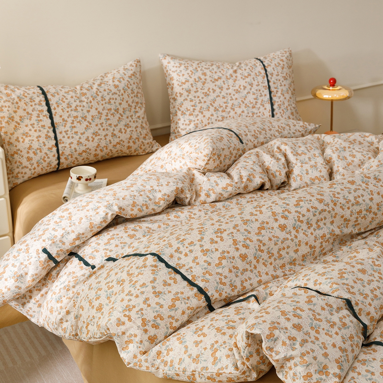 女子家纺 2026新款40支13070全棉纯棉斜纹印花蕾丝四件套 橘果团子