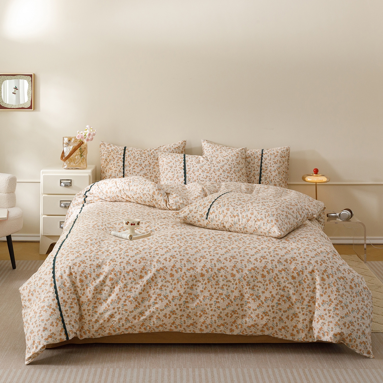 91家纺网 家纺一手货源 找家纺 女子家纺 2026新款40支13070全棉纯棉斜纹印花蕾丝四件套 橘果团子