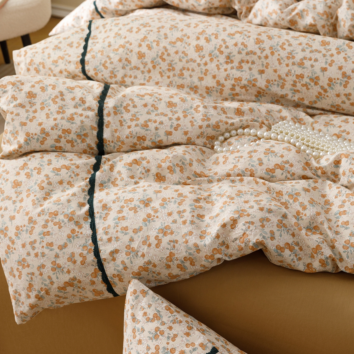 91家纺网 家纺一手货源 找家纺 女子家纺 2026新款40支13070全棉纯棉斜纹印花蕾丝四件套 橘果团子