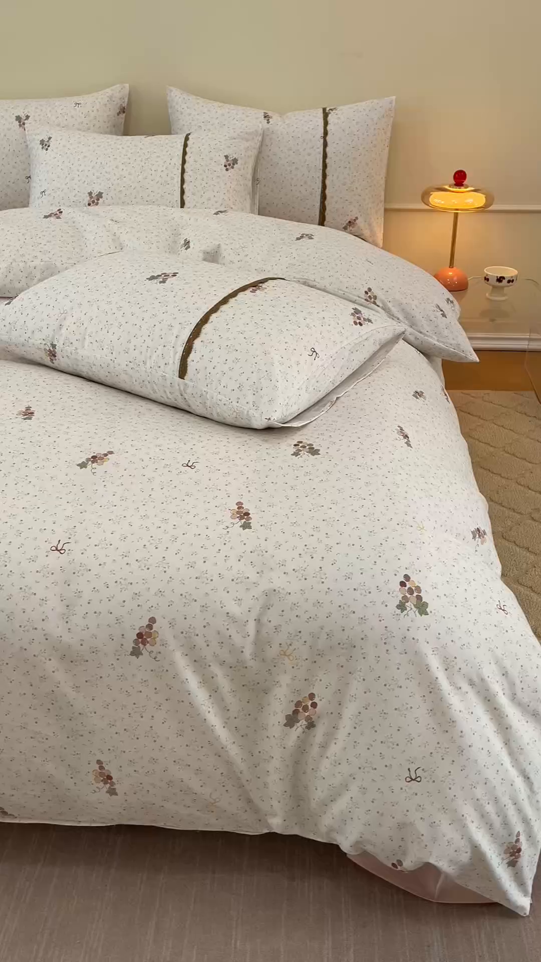 91家纺网 家纺一手货源 找家纺 女子家纺 2026新款40支13070全棉纯棉斜纹印花蕾丝四件套 奶白萄笺