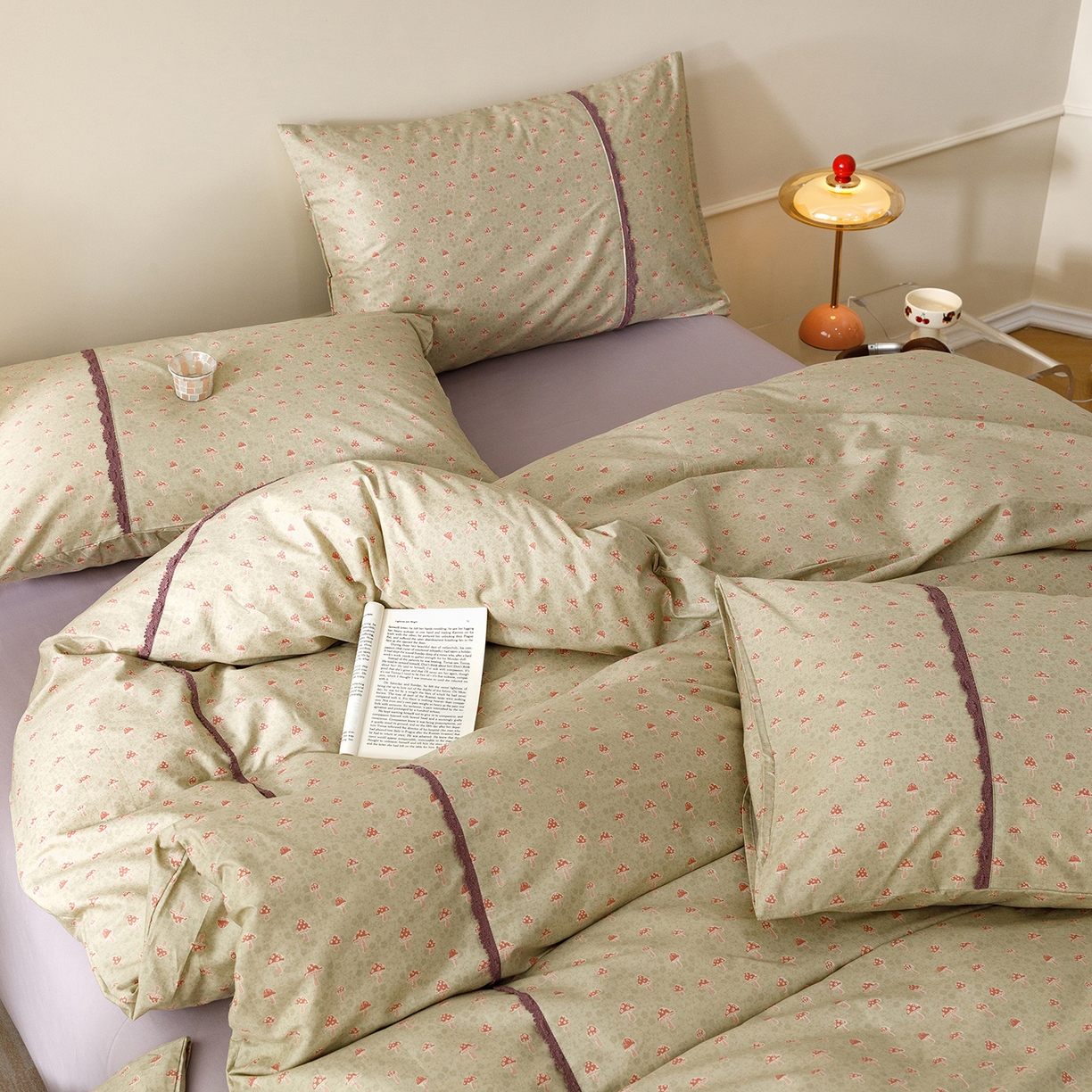 女子家纺 2026新款40支13070全棉纯棉斜纹印花蕾丝四件套 青柠果络