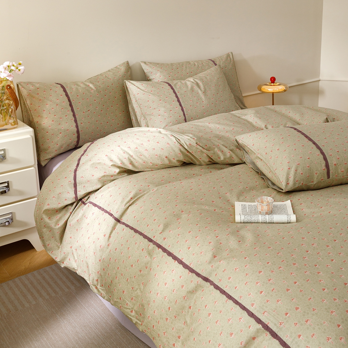 91家纺网 家纺一手货源 找家纺 女子家纺 2026新款40支13070全棉纯棉斜纹印花蕾丝四件套 青柠果络