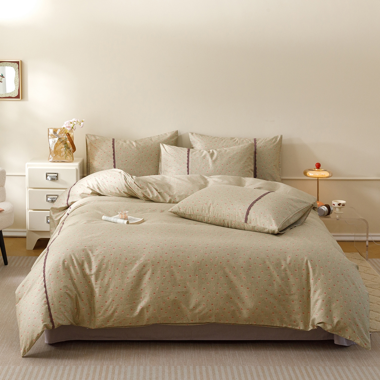 91家纺网 家纺一手货源 找家纺 女子家纺 2026新款40支13070全棉纯棉斜纹印花蕾丝四件套 青柠果络