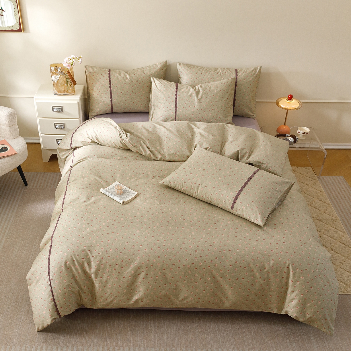 91家纺网 家纺一手货源 找家纺 女子家纺 2026新款40支13070全棉纯棉斜纹印花蕾丝四件套 青柠果络